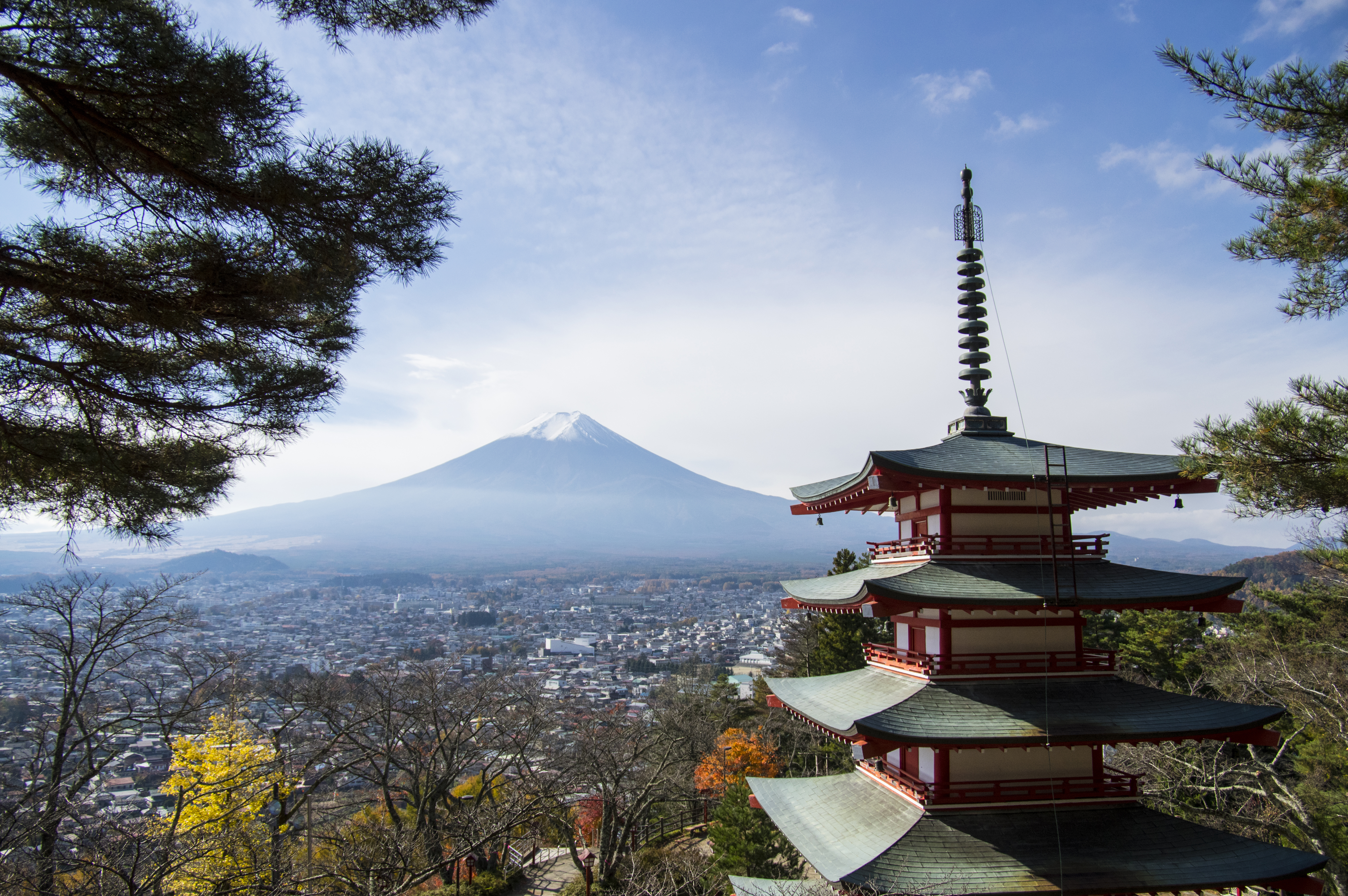 富士山を背景に走るハイヤー